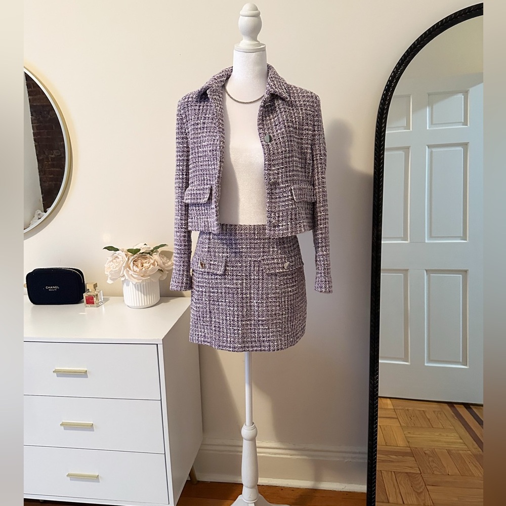 ZARA Lavender Tweed Blazer & Mini Skirt Set • Size S •
